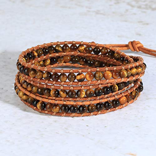 KELITCH Hecho a Mano 3 Wraps Pulseras Creado Tiger Eyes Beaded Bracelets Fashion Bangle Jewelry (Coffee 93)