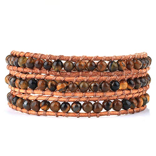 KELITCH Hecho a Mano 3 Wraps Pulseras Creado Tiger Eyes Beaded Bracelets Fashion Bangle Jewelry (Coffee 93)