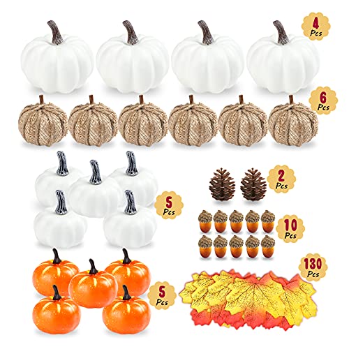 Kesote Set de Calabaza Halloween Arce Decoración Acción de Gracias (20 Artificiales Calabazas+ 130 Hojas de Arce Falsos+ 10 Bellotas Falsos +2 Piñones Falsos)