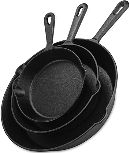 KICHLY Juego de utensilios de cocina pre-engrasados de 3 sartenes de hierro fundido, 25,4 cm, 20,32 cm & 15,24 cm - Sarten parrilla, Sartén para bistecs, Perfecto para uso en interiores y exteriores