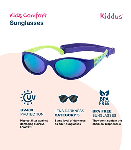 Kiddus Gafas de sol KIDS COMFORT para niña niño. A partir de 2 años. Filtro solar UV400. Banda ajustable y extraíble. Hechas de Goma. Resistentes a Impactos, Muy Flexibles.