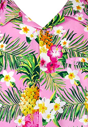 KING KAMEHA Funky - Camisa hawaiana casual para niños y niñas, bolsillo frontal, manga corta, unisex, estampado de flores de piña, Flores de piña rosa claro, 10 años