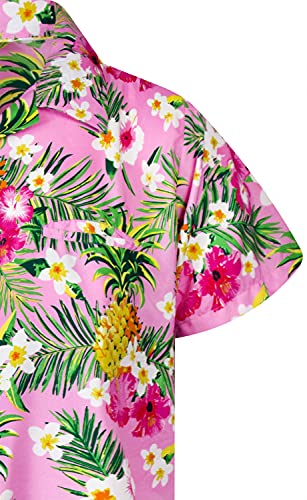 KING KAMEHA Funky - Camisa hawaiana casual para niños y niñas, bolsillo frontal, manga corta, unisex, estampado de flores de piña, Flores de piña rosa claro, 10 años