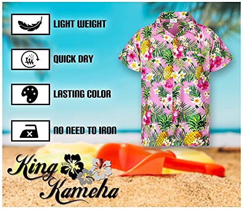 KING KAMEHA Funky - Camisa hawaiana casual para niños y niñas, bolsillo frontal, manga corta, unisex, estampado de flores de piña, Flores de piña rosa claro, 10 años