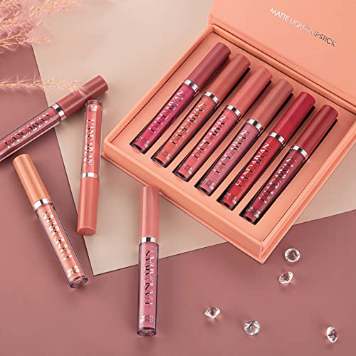 KIOGYEK 6 UDS / Juego de Brillo de Labios Mate Sexy Lápiz Labial Líquido de Larga Duración Impermeable Nude Hidratante Liquid Lipstick Maquillaje Regalo Set (B)