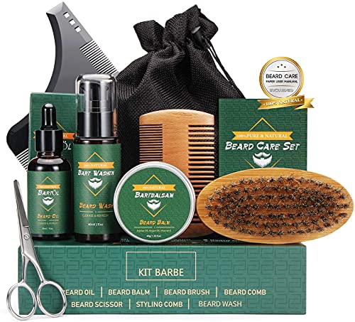 Kit Barba Cuidado para Hombres con Champú, Bálsamo, Aceite de Barba, Cepillo, Tijeras, Peine, Guía de Cuidado Barba