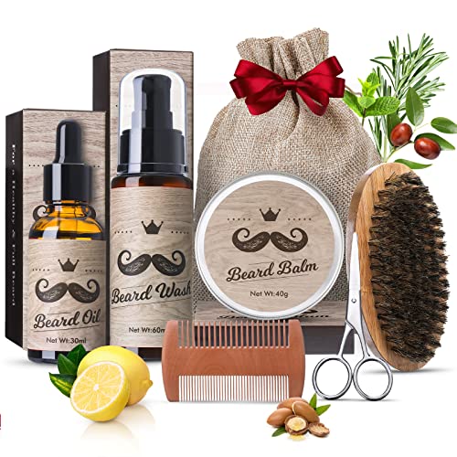 Kit Cuidado de Barba 9 en 1, Cuidado de Barba Hombre con Agente de Reparación de Barba,Champú de Barba,Crema de Barba,Aceite de Barba,Peine,Tijeras,Plantilla, Regalos Originales Hombres