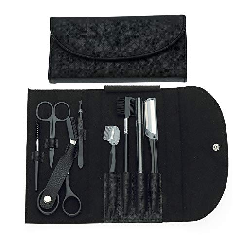 Kit de Recorte de Cejas,8 in 1 kit cejas con Navaja,Cepillo,Pinzas y Estuche de viaje para mujeres y hombres, Negro