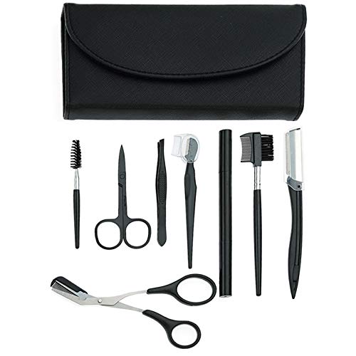 Kit de Recorte de Cejas,8 in 1 kit cejas con Navaja,Cepillo,Pinzas y Estuche de viaje para mujeres y hombres, Negro