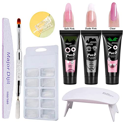 Kit Uñas de Gel,100Pcs Molde de Puntas de Arte de Uñas+Clip de uñas+Nail Files+3 * Botellas de 15 ml de Gel de Polietileno+ Pluma de Cristal+ Lámpara de Uñas UV,DIY Uña Arte