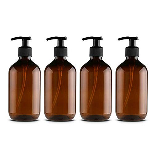 Kitchnexus, Botellas de plástico con bomba para loción, champú, gel de ducha, crema para manos, 500 ml, color verde y marrón, lote de 4 unidades