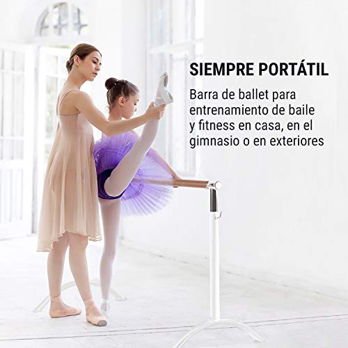 Klarfit Bar Lerina - Barra de Ballet portátil, Altura Regulable 70-113 cm, Agarraderas de Bloqueo, Tubo de Acero con Recubrimiento en Polvo, Barra Ballet, Pies de Apoyo, Antideslizante, Blanco