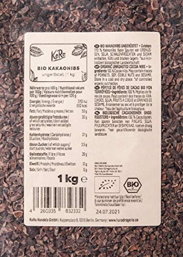 KoRo - Nibs de cacao BIO 1 kg - Granos de cacao sin tostar con un intenso sabor a cacao sin añadidos, obtenidos de un cultivo ecológico controlado.