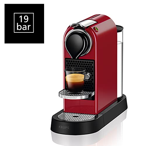 Krups Nespresso Citiz XN7415 - Cafetera de cápsulas monodosis, con 19 bares de presión, thermoblock, función automática con botones retroiluminados, color Rojo, 14 cápsulas