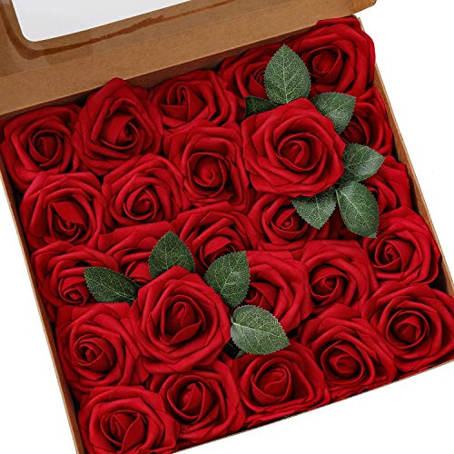 Ksnnrsng Flores Rosas Artificiales Espuma Rosa Falsa para Manualidades, Ramos de Novia, centros de Mesa, Despedidas de Soltera y Decoración del Hogar (25 Piezas, Vino Rojo)