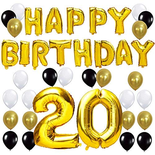 KUNGYO Letras Tipo Balón Doradas Happy Birthday+Número 20 Mylar Foil Globo+24 Piezas Negro Oro Blanco Globo de Látex 20 Años de Antigüedad Fiesta de Cumpleaños Decoraciones