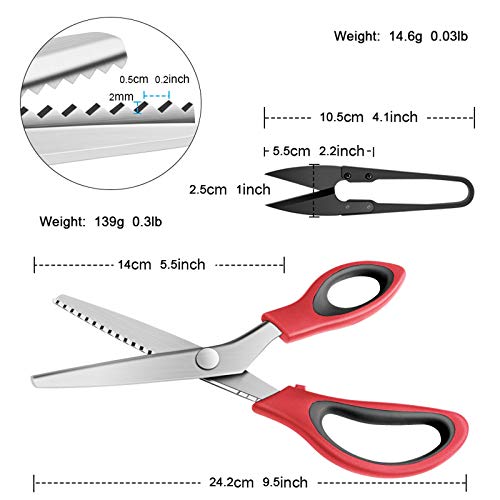 KUONIY - Tijeras dentadas con mango ergon¨®mico, costura profesional, tijeras zig zag para tela, 23 cm, color rojo y negro ¡­