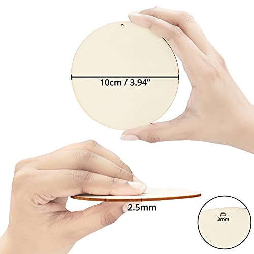 Kurtzy Discos de Madera Natural Sin Terminar con Agujero (Pack de 50) – 10 cm y 2,5 mm de Grosor - Madera Rodajas en Blanco - Circulo Madera para Manualidades, Posavasos, Adornos del Hogar