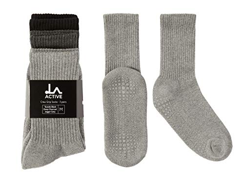 LA Active Calcetines antideslizantes mujer hombre, ropa para casa, pilates o yoga con dedos cubiertos, 3 pares calcetines con suela anti resbalones color gris y negro