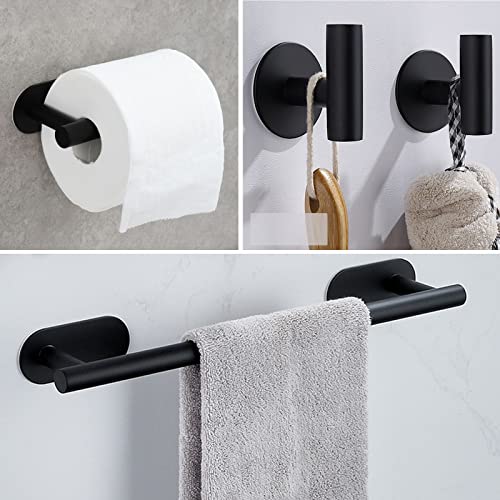 Laimew Juego de Accesorios de baño de 4 Piezas sin taladrar Acero Inoxidable Negro Barra de Toalla de 16 Pulgadas Soporte para Papel higiénico 2 Ganchos para Batas