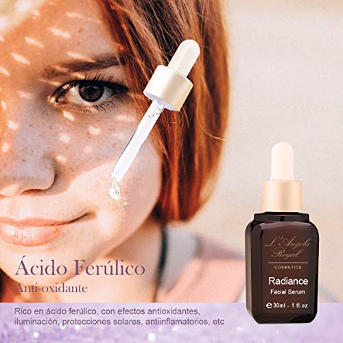 L'Angela Royal SERUM RADIANCE, Serum Facial Iluminador, Vitamina C, Ácido Ferúlico, Ácido Hialurónico, Piel Luminosa, Reductor de Arrugas, Tratamiento Facial, Para la Cara, Cuello y Escote, 30ml