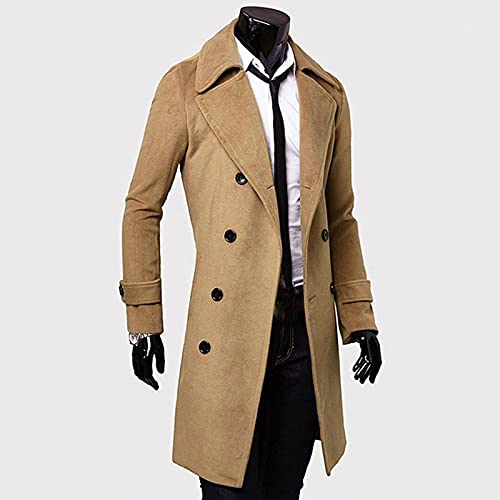 LAOSU Trench Coat para hombre largo de invierno cálido abrigo de lana bonito ceñido color liso talla grande chaqueta de forro polar cuello reverso estilo casual para cortavientos 03-caqui XL
