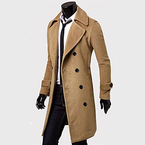 LAOSU Trench Coat para hombre largo de invierno cálido abrigo de lana bonito ceñido color liso talla grande chaqueta de forro polar cuello reverso estilo casual para cortavientos 03-caqui XL