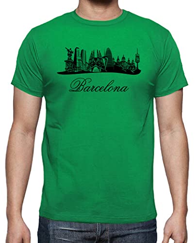 latostadora Camiseta Manga Corta Barcelona Skyline (España) para Hombre - Verde Pradera S - Ref. 166806-P