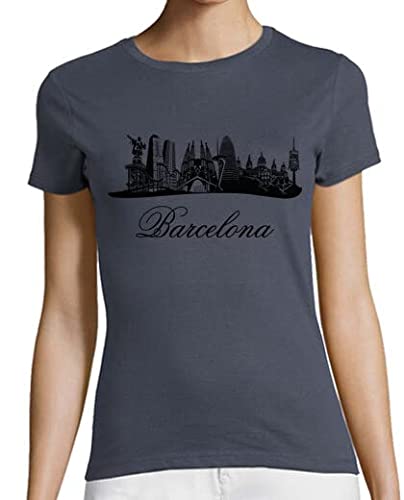 latostadora Camiseta Manga Corta Barcelona Skyline (España) para Mujer - Gris Ratón M - Ref. 1909805-P