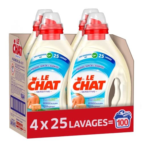 Le Chat Sensitive - Lessive Liquide Hypoallergénique - Marseille & Lait d'Amande Douce - 100 Lavages (4 x 1.25L)