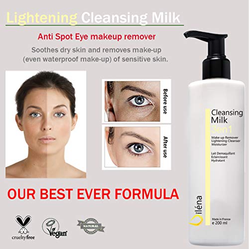 Leche Facial Desmaquillante con Vitamina E y Aloe Vera 3en1 Limpiador de Poros Antimanchas Leche Hidratante Waterproof Contorno de Ojos Corrector Ojeras Elimina el maquillaje y las manchas 3 x 200 ml