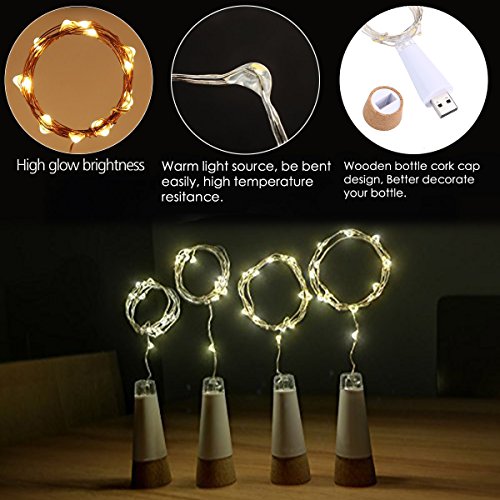 LED Corcho Botella Luces, USB Con Recargable, 1,9 m 20 LED, Cobre Alambre Cadena Estrellado LED Luces para DIY, Casa Cocina, Boda, Halloween, Navidad, Partido Decoración (Blanco Cálido, 3 Piezas)