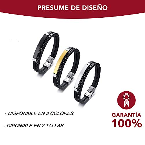 LEGADO Pulsera Hombre, Cuero PU y Acero Inoxidable, Brazalete Vikingo Chico Negra combinable con Anillo Pendiente Collar Colgante o Tobillera muñequera, Personalizable (Silver 21,5)