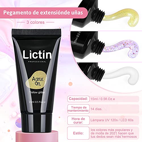 Lictin Kit Uñas de Gel-3 Colores Kit Poly Gel para Uñas, Kit Gel de Extensión de Uñas con 3 * 15ml Extension Glue, 40pcs de Uñas, 30ml Limpiador y 2 Herramientas de manicura