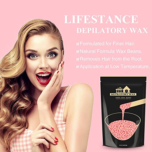 Lifestance Perlas de Cera Depilatoria Caliente , 450g Cera Caliente, Cera Depilatoria con 10 Aplicadores, Brazilian Bikini Rosa Perlas Cera de Depilación para Cara, cuerpo, piernas y brazos