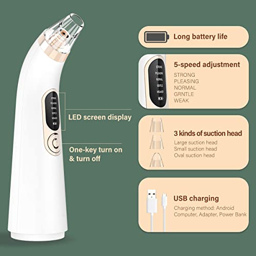 Limpiador de Poros Limpiador Facial para Quitar Puntos Negros y Espinillas de Nariz con Pantalla 3 Cabezales y 5 Modeos 60 Kpa