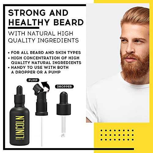 LINCOLN Aceite Barba Hombre con Aceite de Argán y Vitamina E - Aceite para Barba Hombre, Natural Beard Oil - Efecto Suavizante Barba, Hidrata la Piel - Aceite de Barba, Fortalece y Da Brillo, 50ml