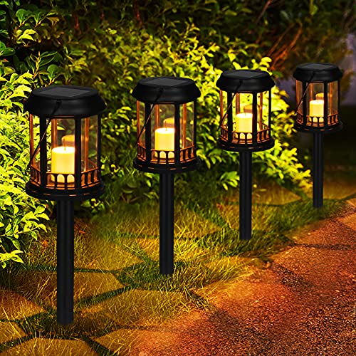 Linternas Solares Jardín GolWof 4 Piezas Luz Solar Linterna Exterior Jardin Impermeable Vela Parpadeante Amarilla Cálida Farol Solar Exterior Decoración para Patio Yarda Césped (Negro)