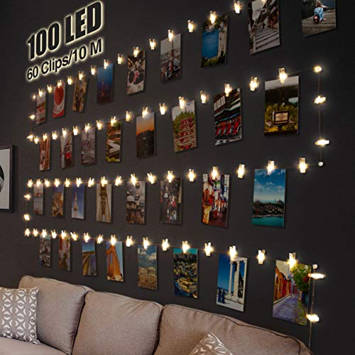 litogo Clip Cadena de Luces LED, 10m 100 Led Colgar Fotos de Luces 60 Pinzas Para Fotos Fotoclips Guirnalda de Luces Pinzas con Luz Por decoración, Habitaciones, Bodas,Cumpleaños (MY-L100P-EU)