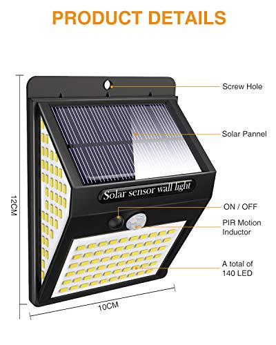 litogo Luz Solar Exterior 140 LED (4 Pack / 3 Modos) con Sensor de Movimiento, Solares Exteriores 270º lluminación Focos Solares Exterior Impermeable Aplique Lampara Solar para Exterior Jardin (WS140)