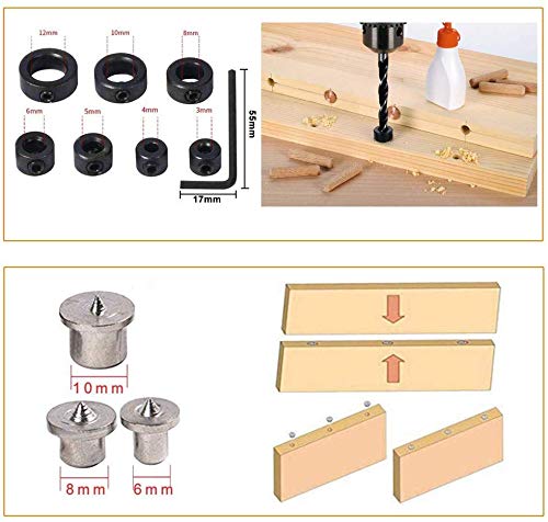 Localizador de Punzones de Perforación Ø 6/8/10 mm Bloque de Guía de Broca Plantilla de Espiga Autocentrante+Topes de Profundidad de Taladro 3-12 mm 7 pcs+Espigas de Madera Espigas de Centrado 6 pcs