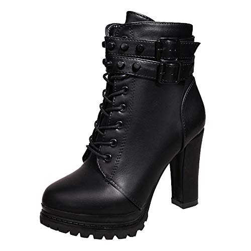 Logobeing Zapatos de Tacón Alto Botas Mujer Invierno Martain Boot Zapatos con Cordones de Cuero Botines Mujer Tacon Plataforma Zapatos (37,Negro)