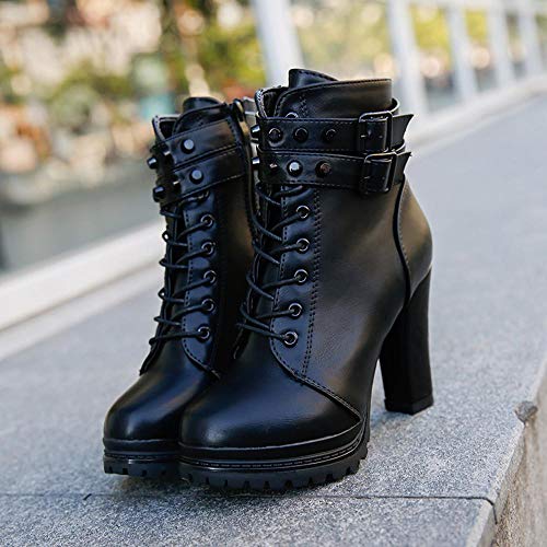 Logobeing Zapatos de Tacón Alto Botas Mujer Invierno Martain Boot Zapatos con Cordones de Cuero Botines Mujer Tacon Plataforma Zapatos (37,Negro)