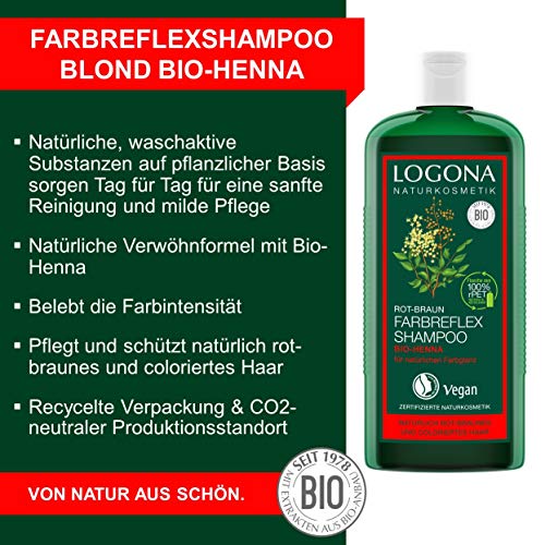 Logona Naturkosmetik - Champú con reflejos de color pelirrojo-castaño henna biológica, protección del color para cabello pelirrojo-castaño natural o teñido - Potencia la intensidad del color - Con extractos biológicos - 250 ml