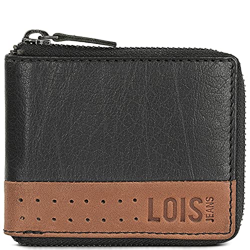 Lois - Cartera Hombre Piel Genuina Cuero con Monedero y Cierre con Cremallera. Bloqueo Antiescaneo de Seguridad RFID - Billetera Pequeña con Tarjetero de Marca LOIS 205409, Color Negro-Tan