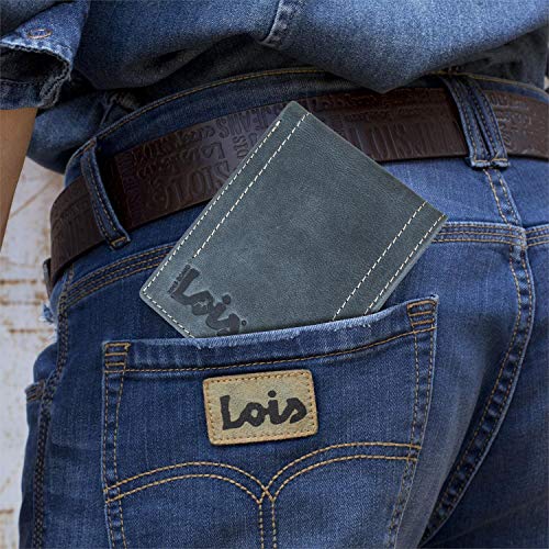 Lois - Cartera Hombre Piel Genuina Cuero. Monedero, Tarjetero con Sistema Bloqueo RFID. Marca Original. Diseñada en España 201508, Color Azul