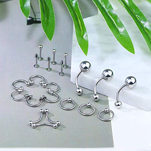 LOLIAS 107Pcs Acero Inoxidable Kit Piercing Anillo de Nariz para Mujeres Hombres Barbells Herradura Labios Piercing Lengua Ceja Ombligo Tragus Body Piercing (con Herramientas)