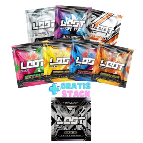 LOOT® - Pack de 7 + 1 unidades | Game Booster 8 x 8g | 1 muestra por sabor | Concentración – Resistencia – Capacidad de reacción | Energy Drink | Encuentre su sabor favorito