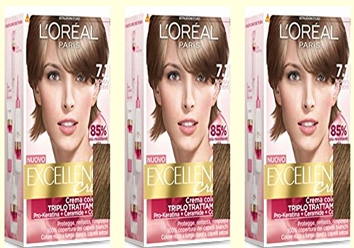 L'Oreal Excellence Creme 7.1 - Tinte para el cabello rubio ceniza, 3 unidades