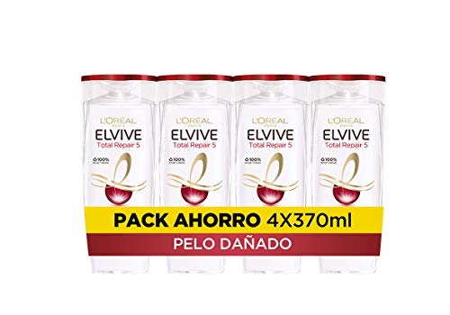 L'Oréal Paris Champú Reparador Para Pelo Dañado y Debilitado, Con Concentrado Reparador de Keratina XS, Elvive Total Repair 5, Pack de 4 Unidades x 370 ml, Total: 1480 ml